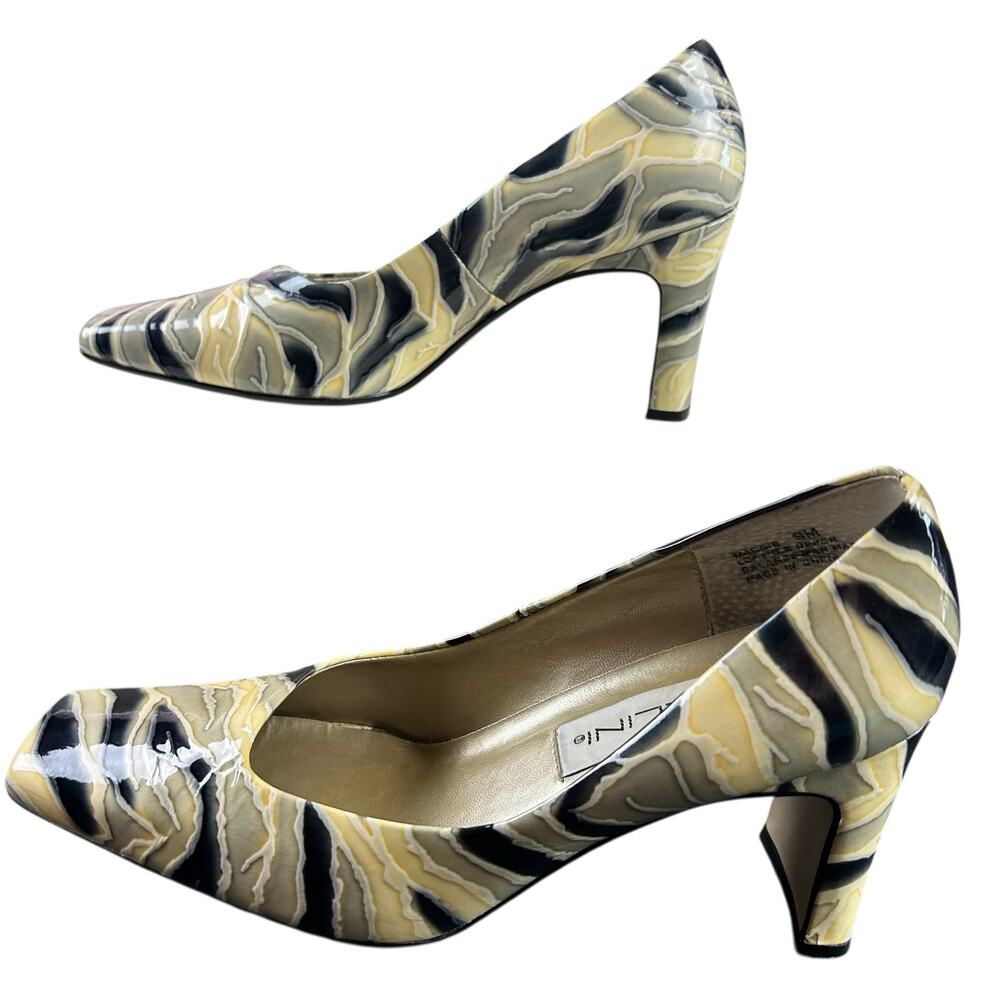 Bellini Margie Pumps Women Size 9M Cream Black Gray Patent Leather Classic Heels